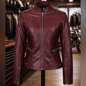 BRAND NEW 100% Genuine Lambskin Leather Moto Jacket l Size M Burgundy